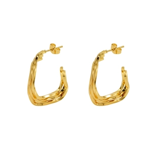 Elegant gold multi-layer twisted stainless steel C-shape earrings for women on white background
