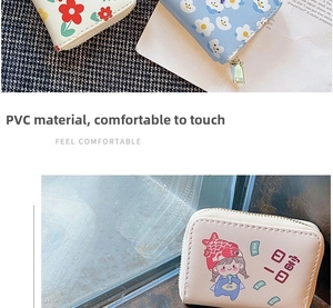 Detail of durable PVC card holder showing smooth zipper and cute cartoon prints