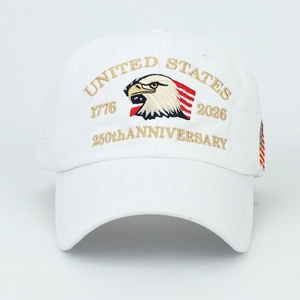 Detailed 3D embroidery on white cap featuring 250th anniversary eagle and US flag