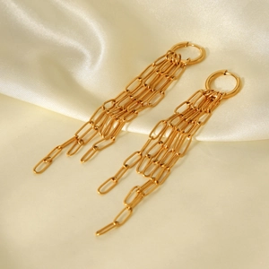 Détail de boucles d'oreilles pompons à chaînes multicouches en acier doré sur soie