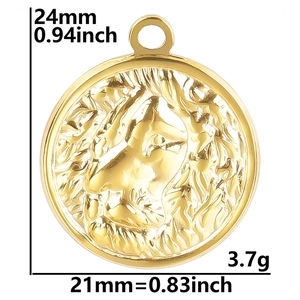 Detailed dimensions of gold stainless steel wolf head pendant with weight measurements