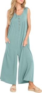 Detailed view of textured ribbed knit sleeveless jumpsuit with button front and pockets