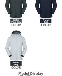 Three-color display of outdoor softshell hooded jackets in gray and navy blue