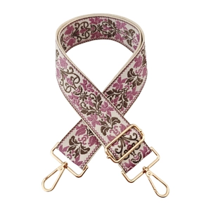 Ethnic embroidered wide bag strap with pink floral jacquard and gold hardware buckles