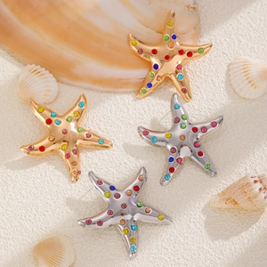 Ocean style starfish stud earrings with colorful rhinestones in gold and silver finish