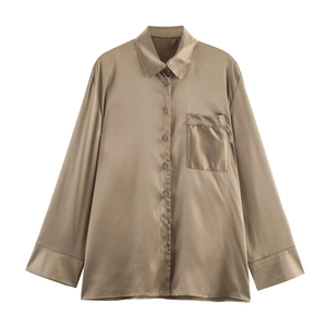 Chemisier Élégant À Manches Longues Pour Femmes En Satin Aspect Satin Chemise À Boutons Avec Poche Col Revers Hauts Casual