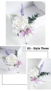 Close-up of artificial white rose boutonniere with lavender and eucalyptus details