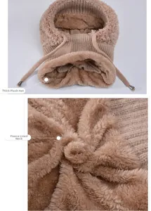 Detail of winter knitted hood with thickened faux fur lining and adjustable drawstring