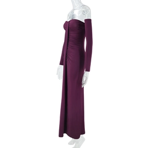 Detail view of the side profile showing ruched texture on this wine red off-shoulder dress