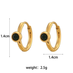 Chic 18K gold plated stainless steel hoop earrings with black zircon stone 1.4cm