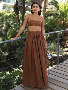 Ensemble 2 pièces femme marron foncé avec crop top et jupe longue évasée en coton