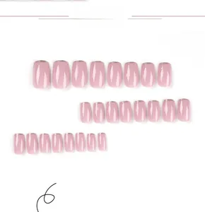 Detail of 24pcs pink translucent press-on nails with silver glitter tips and almond shape