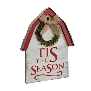 Barn-shaped Christmas wooden sign with red metal roof and Tis The Season text