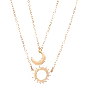 Double-layered gold sun and moon necklace set with hollow sun and crescent moon pendants