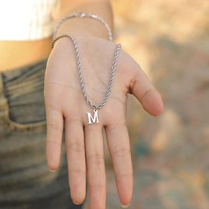 Silver stainless steel rope chain necklace featuring a classic letter M pendant
