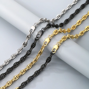 Polished stainless steel pig nose chain necklaces in silver, black, and gold colors
