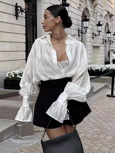 Women Satin Blouse Long Lantern Sleeve Shirt V Neck Loose Elegant Office Commute Casual Solid Color Fashionable Tops