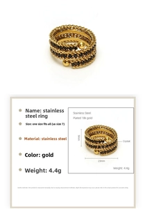 Detailed specs of a 9mm wide 18k gold plated multi-layer ring with black crystals
