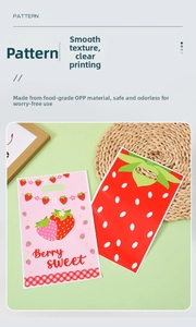Detail of strawberry gift bags made of food-grade OPP plastic with clear berry printing