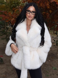 Manteau En Fausse Fourrure Femme Col À Revers Manches Longues Ceinture Taille Chaude Couleur Unie Veste Hiver