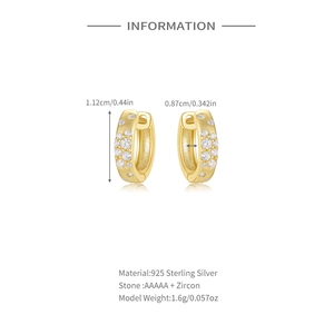 Detail view of gold-plated S925 silver hoop earrings with AAAAA zircon dimensions
