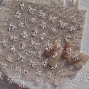 3D relief nail art stickers featuring white flowers, butterflies and silver beads MS 553