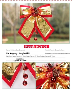 Detailed Christmas bow ornament with gold fabric, pine cones, and red bell decorations