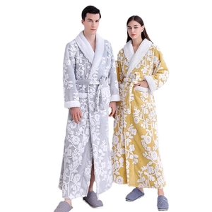 Thick floral jacquard couple bathrobes with cozy fleece shawl collar and belt