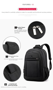 Detail view of reinforced stitching and breathable S-shaped shoulder straps on black backpack
