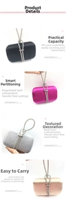 Detailed views of velvet evening clutches with rhinestone knot handles in multiple colors