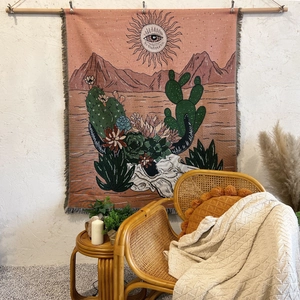 Bohemian woven throw blanket with sun and desert patterns, thick cotton with fringes
