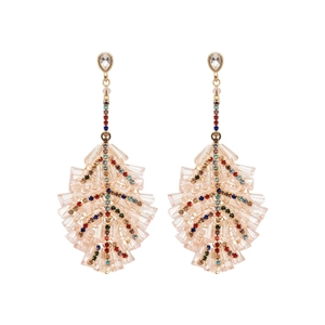 Bohemian style gold leaf drop earrings with crystal rhinestones and pink beads