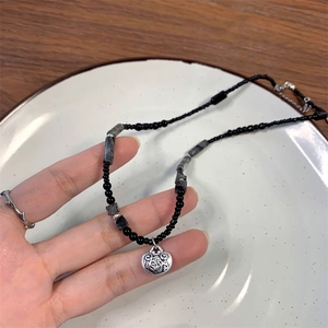 Safety Lock Pendant Necklace Copper Black Beaded Ethnic New Chinese Style Vintage Oriental Jewelry For Women