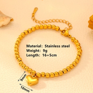 Bracelet en perles dorées en acier inoxydable avec pendentif cœur sur cuir blanc