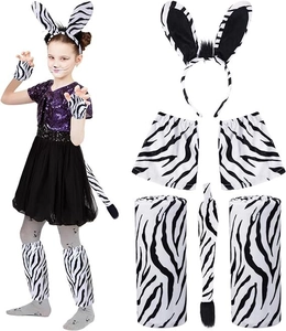 Kids zebra costume set with sequined tutu dress, headband, gloves, tail, and leg warmers