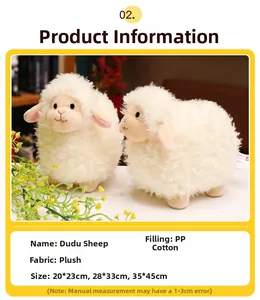 Detailed size chart for white plush sheep toy showing material and dimensions