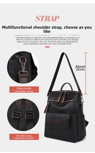Detail of adjustable and detachable shoulder strap on a black lychee texture backpack