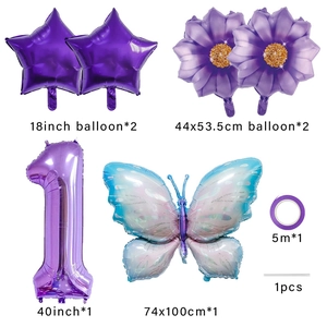 6-piece purple butterfly balloon set with 40 inch number 1 and flower foil balloons