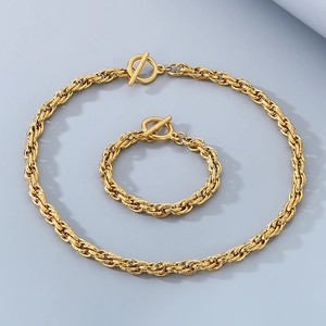Golden titanium steel jewelry set with twisted rope chain and OT toggle clasp