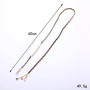 60cm black leather and gold chain strap with pearls and camellia flower charms