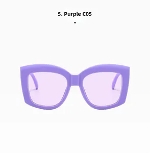 Detail view of purple oversized square sunglasses with wide frames and C05 lenses