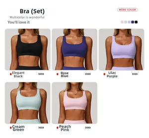 Collage of racerback sports bras in black, blue, purple, green, and peach pink tones