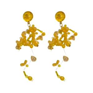 Elegant yellow fabric flower tassel earrings with pearls and crystal beads on white background