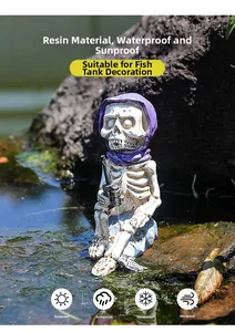 Waterproof resin fishing skeleton figurine with purple bandana for aquarium decor