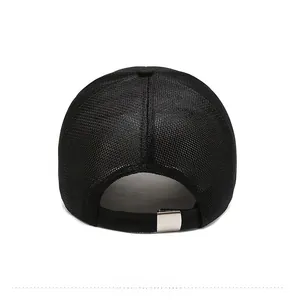 Detailed back view of black breathable mesh trucker hat with silver metal buckle closure