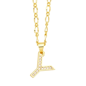 Detailed close-up of gold plated letter Y pendant with micro-paved cubic zirconia