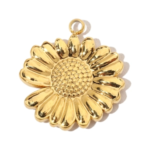 Detailed top view of a gold sunflower pendant with a polished finish on white background