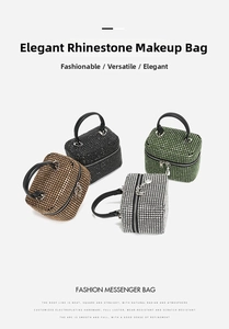 Detailed view of four shimmering rhinestone mini vanity bags in gold, black, green, and silver