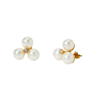 Elegant gold baroque pearl flower earrings with a sparkling central crystal cluster