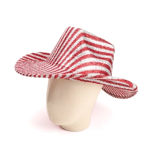 Close-up of red and silver sequined cowboy hat with festive stripes for party wear